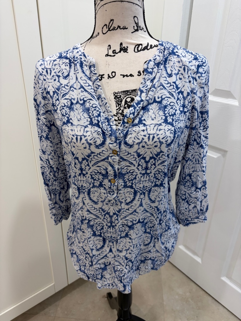 grand & greene Blue and White Printed Henley Blouse